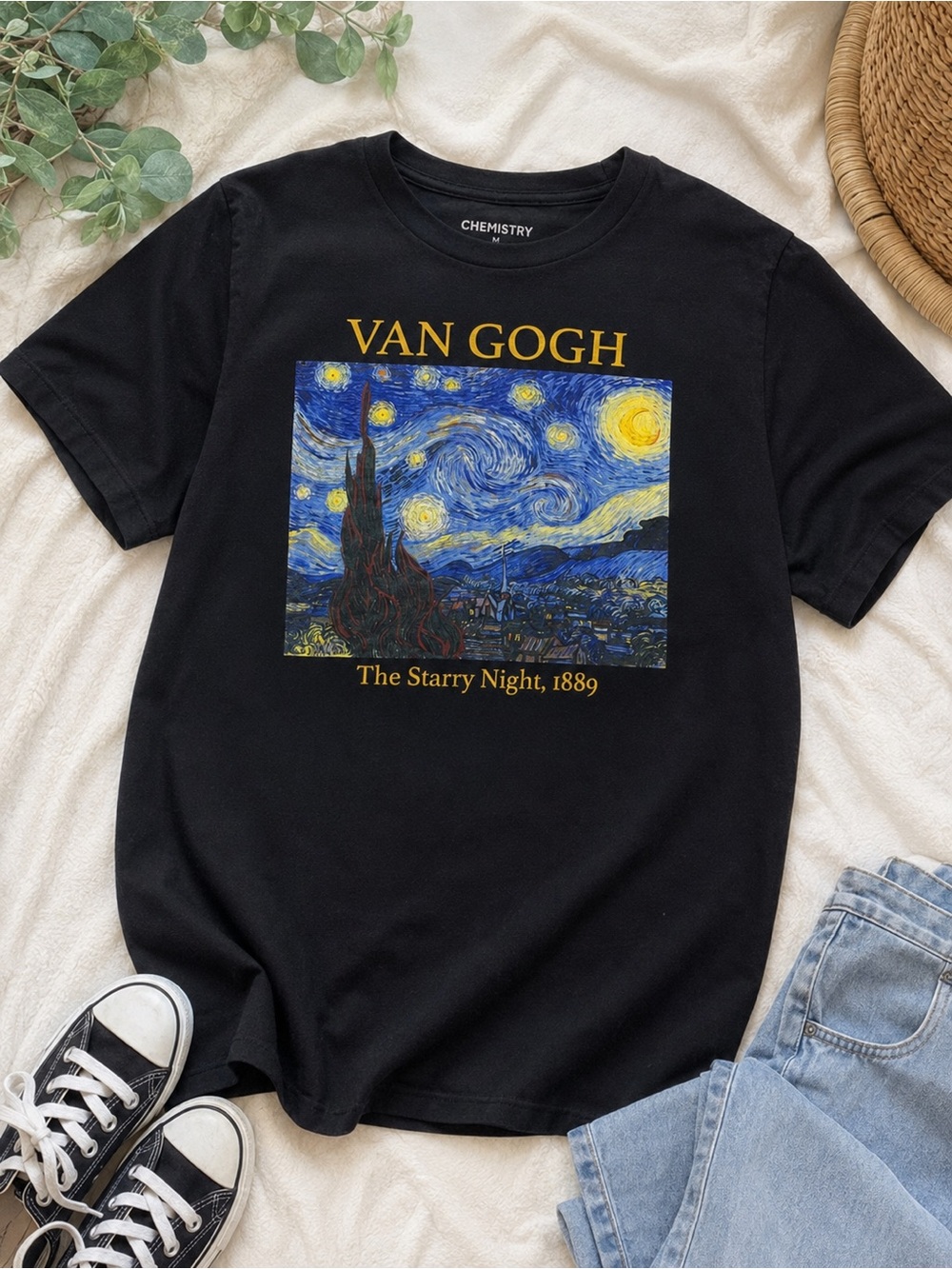 Van Gogh Starry Night Graphic Tee Medium Art Museum Black Unisex Shirt